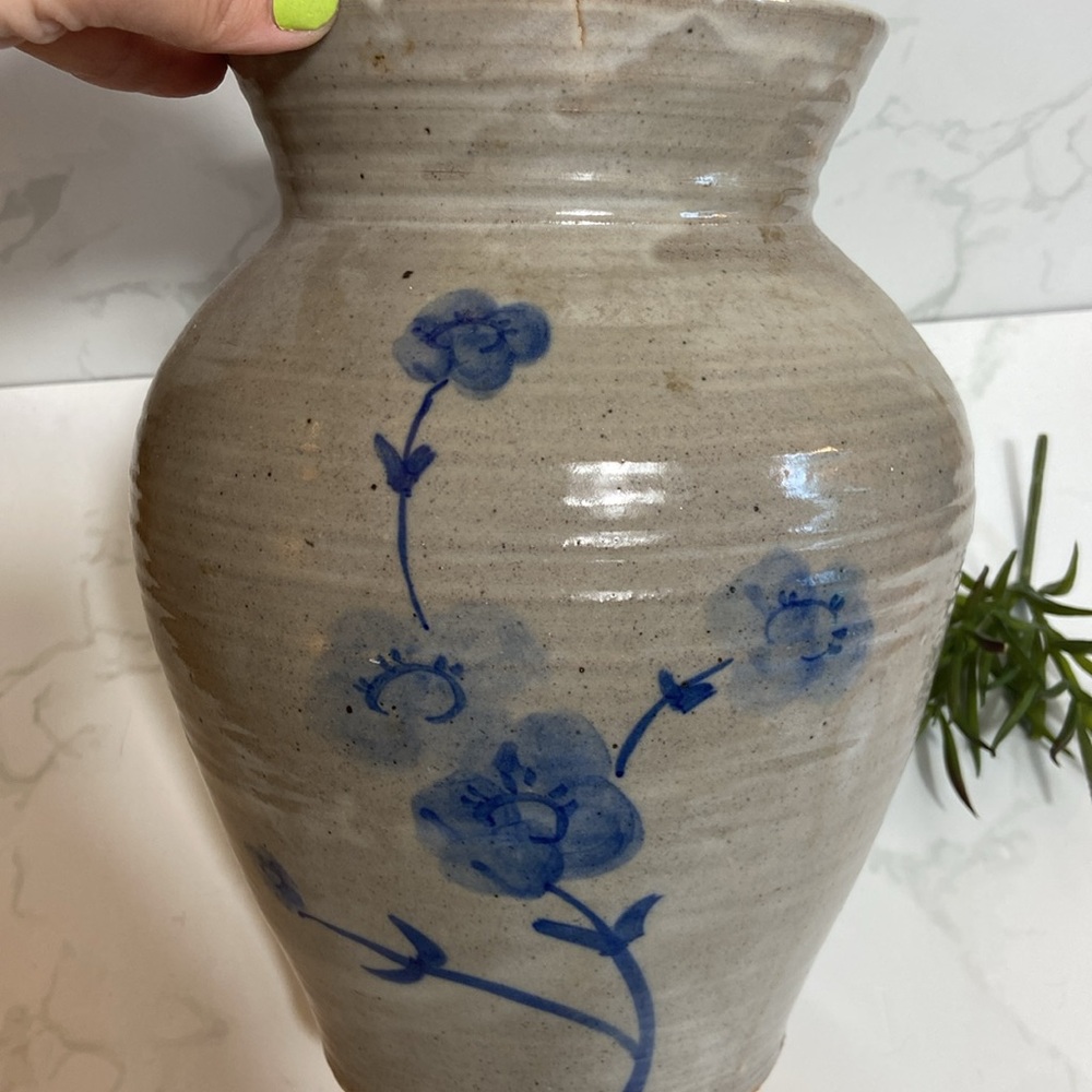 Vintage Studio Pottery Vase Blue Floral Stoneware Rustic Farmhouse 10” Stoneware - Picture 7 of 7